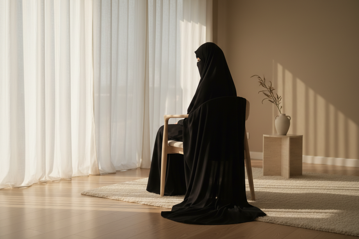 a subtle shot of a serene indoor scene with soft sunlight, showing the black niqab casually placed or worn—conveying calm luxury.