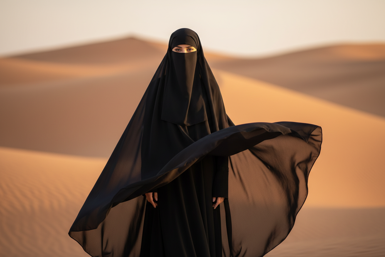 Luxury fashion hero banner image for a premium Arabic niqab brand. A graceful Arab woman wearing a flowing black Saudi niqab made from ultra-fine chiffon. The fabric appears soft, lightweight, and elegant, gently moving with natural motion. Cinematic golden-hour lighting, warm desert-inspired tones, minimal background. High-end editorial fashion photography, shallow depth of field. Clean composition with generous negative space. Timeless, modest, feminine, powerful. No text, no letters, no logos, no waterma