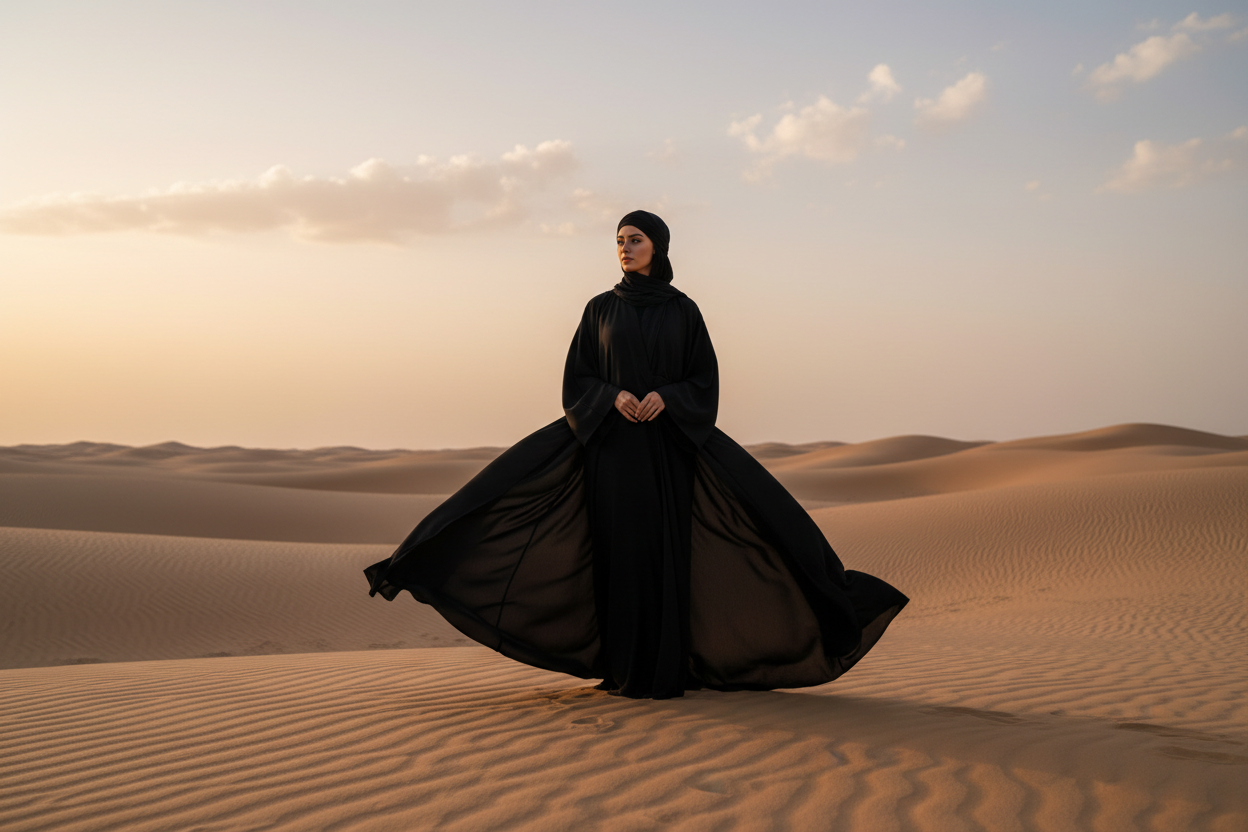 woman in black modest flowy abaya in aue desert